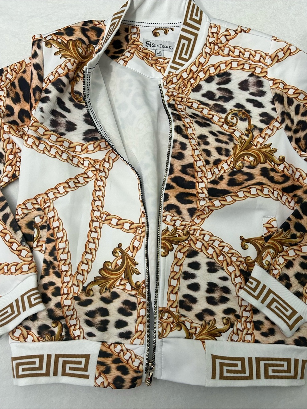 Silver Jeans White Leopard Print & Gold Chain Bomber Jacket